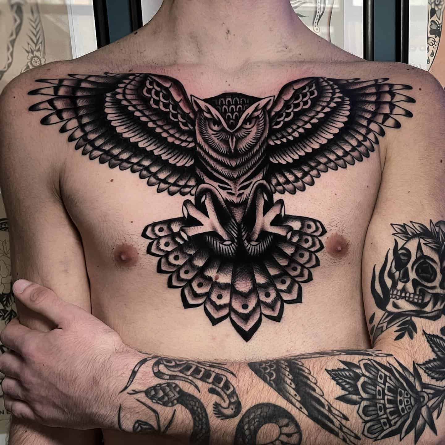 owl chest tattoo women